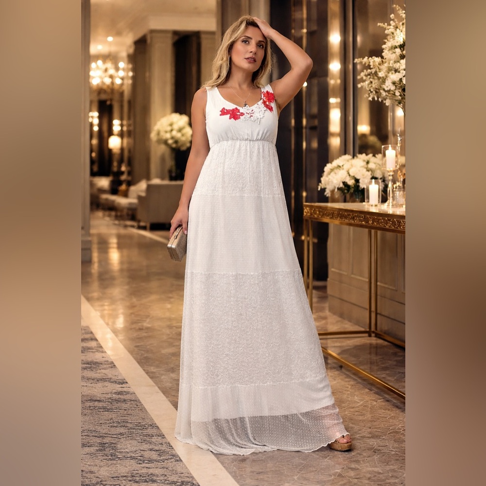 Chic White Maxi Dress with Red Floral Details